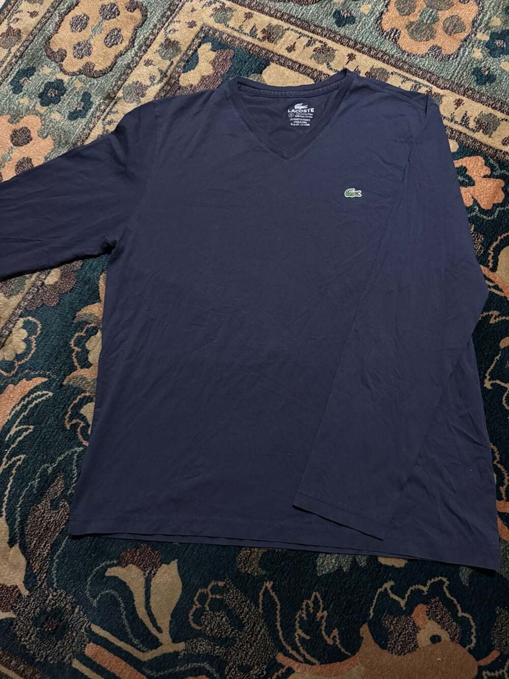 Lacoste Men's Navy Blue Lightweight Pima Cotton V-Neck Long Sleeve T-Shirt